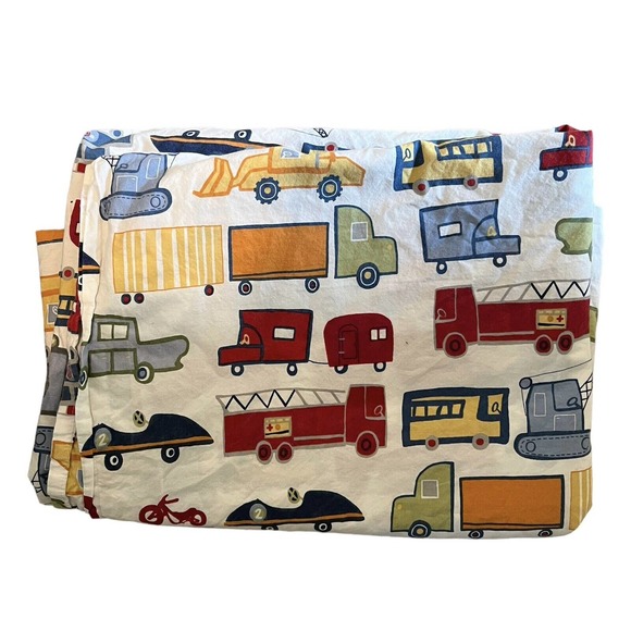 Pottery Barn Kids Car Truck Cotton Twin Flat Sheet Bedding Bulldozer Fire - Picture 1 of 5